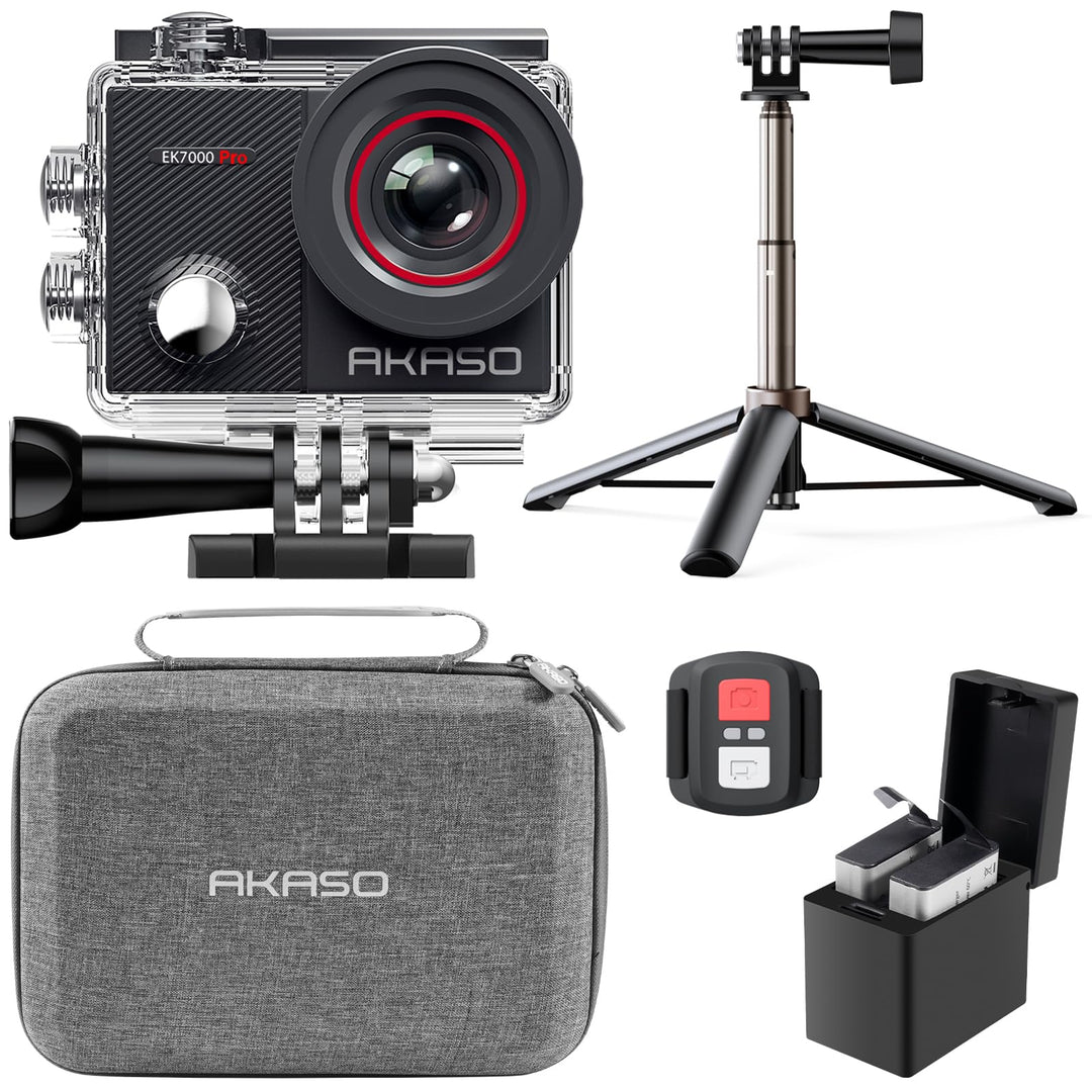 AKASO Action Cam 4K30FPS 20MP mit 60cm Stativ Selfie Stick und Tasche WiFi 40M Unterwasserkamera Was