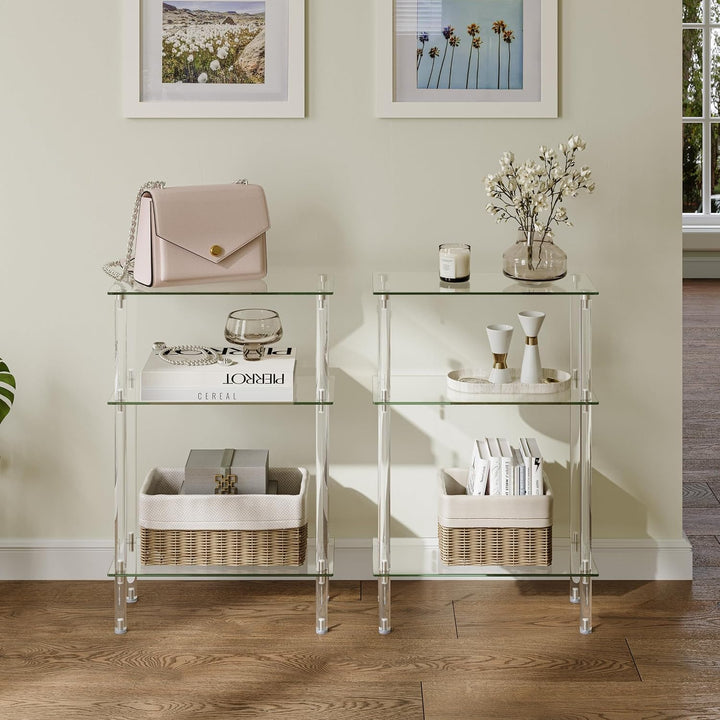 Moderner Beistelltisch Glas Eckig Transparenter Tisch mit 3 Ablagen Nachttisch Glastisch Side Table