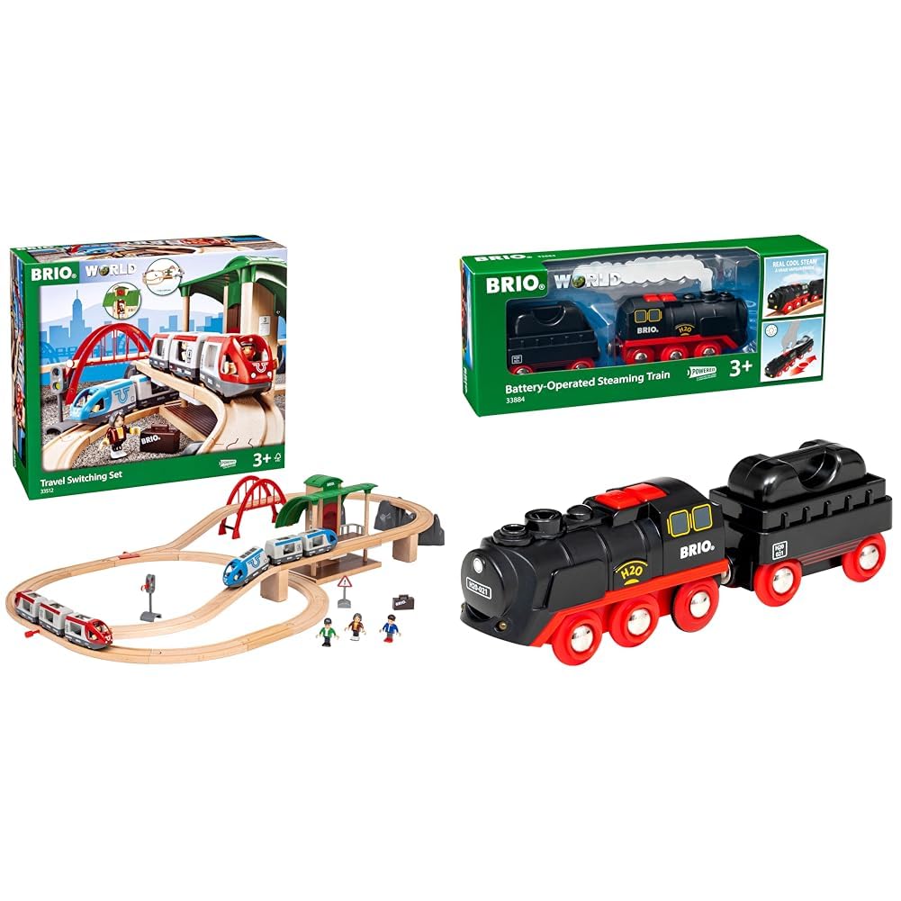 BRIO World 33512 Grosses BRIO Bahn Reisezug Set & World 33884 Batterie-Dampflok mit Wassertank - Lok
