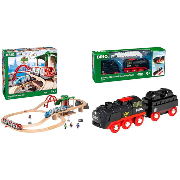 BRIO World 33512 Grosses BRIO Bahn Reisezug Set & World 33884 Batterie-Dampflok mit Wassertank - Lok
