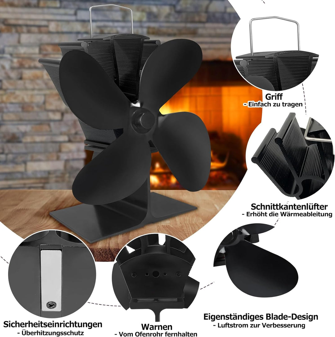 HENGMEI Kaminventilator Ventilator Heizbetriebener Ofenventilator mit 4 Flügeln für Holz/Scheitbrenn