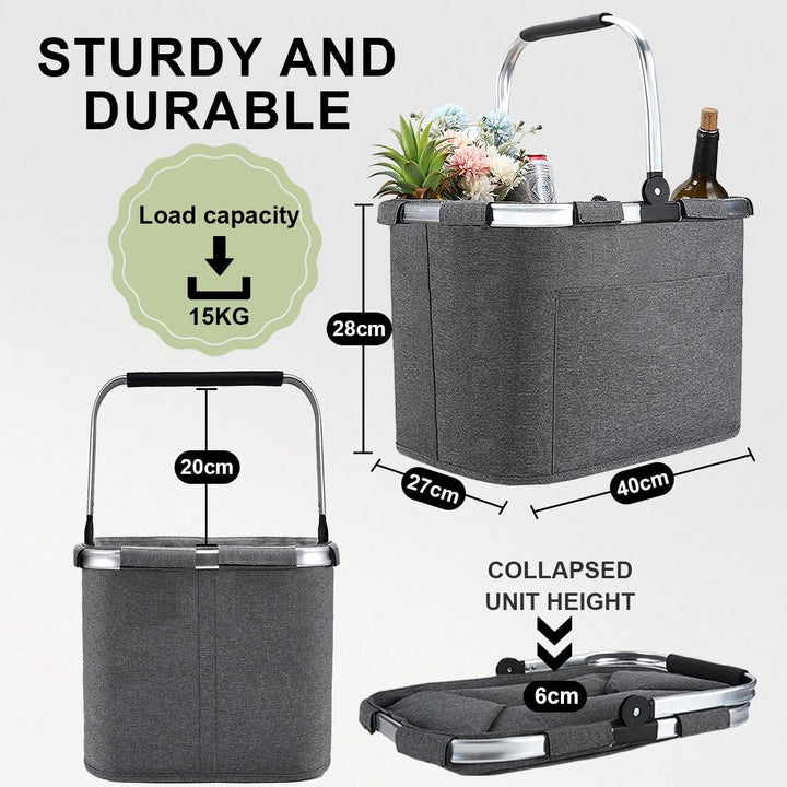 30L Einkaufskorb Faltbar Stabil Gross Tragekorb Picknickkorb Klappkorb Einkaufstasche mit Aluminiumg