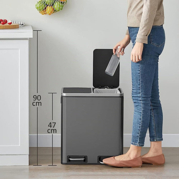 Panana Mülleimer, 2 x 15 L, 2 Fächer, Mülltrennsystem, Treteimer, Abfalleimer Küche, 15 Müllsäcke, a
