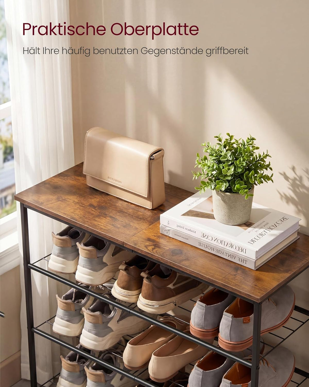 VASAGLE Schuhbank, Schuhregal, Schuhaufbewahrung, Flur, Wohnzimmer, Schlafzimmer, Metallgestell, 5 E