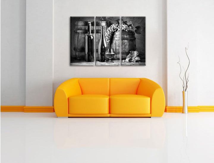 Pixxprint Fässer mit Weintrauben und Wein als Leinwandbild/Grösse: 3 Teilig (120x80 cm) cm/Wandbild/