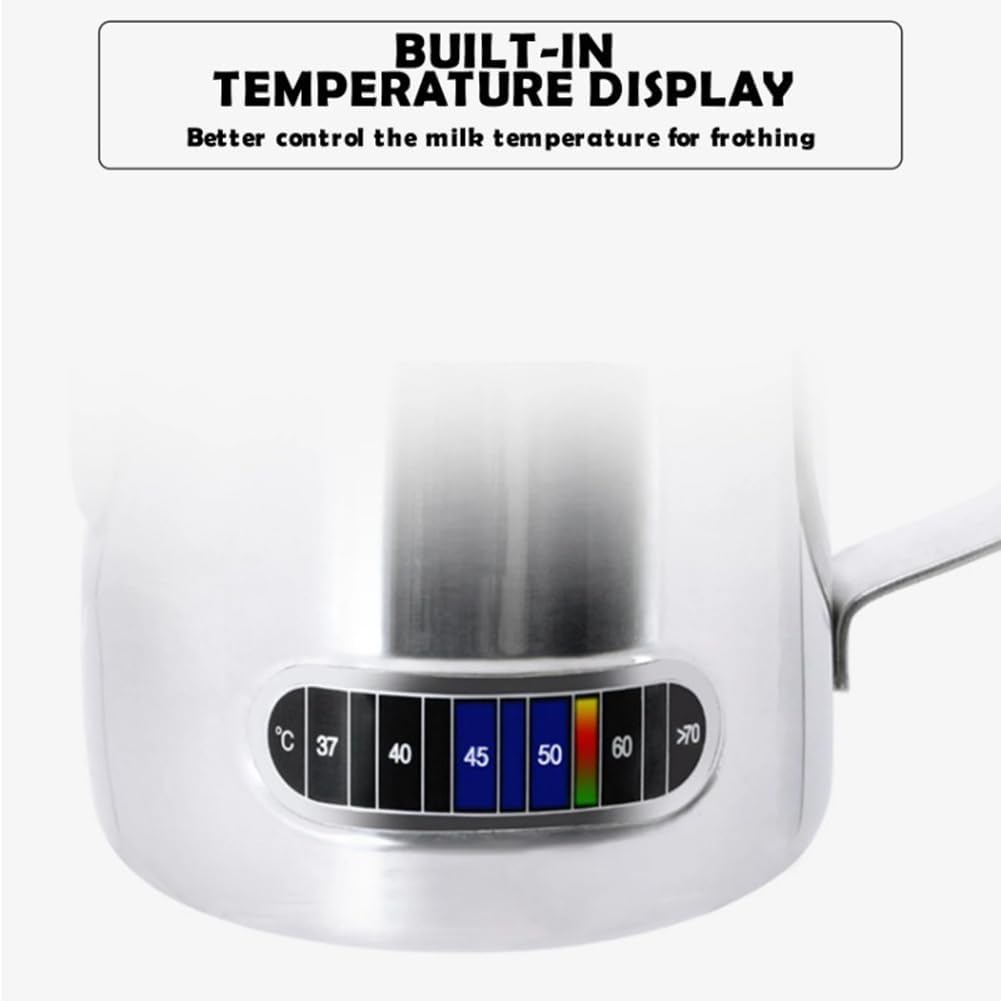 Exqufood Milchaufschäumer Temperaturanzeige Milchaufschäumer und Tasse für Latte Art 350ml