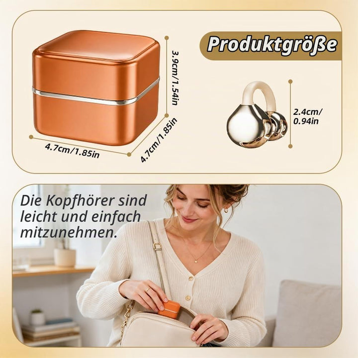 Bluetooth-Ohrhörer zum Aufclipsen mit Ladecase und kleinem Kosmetikspiegel, Bluetooth 6.0, Knochenle
