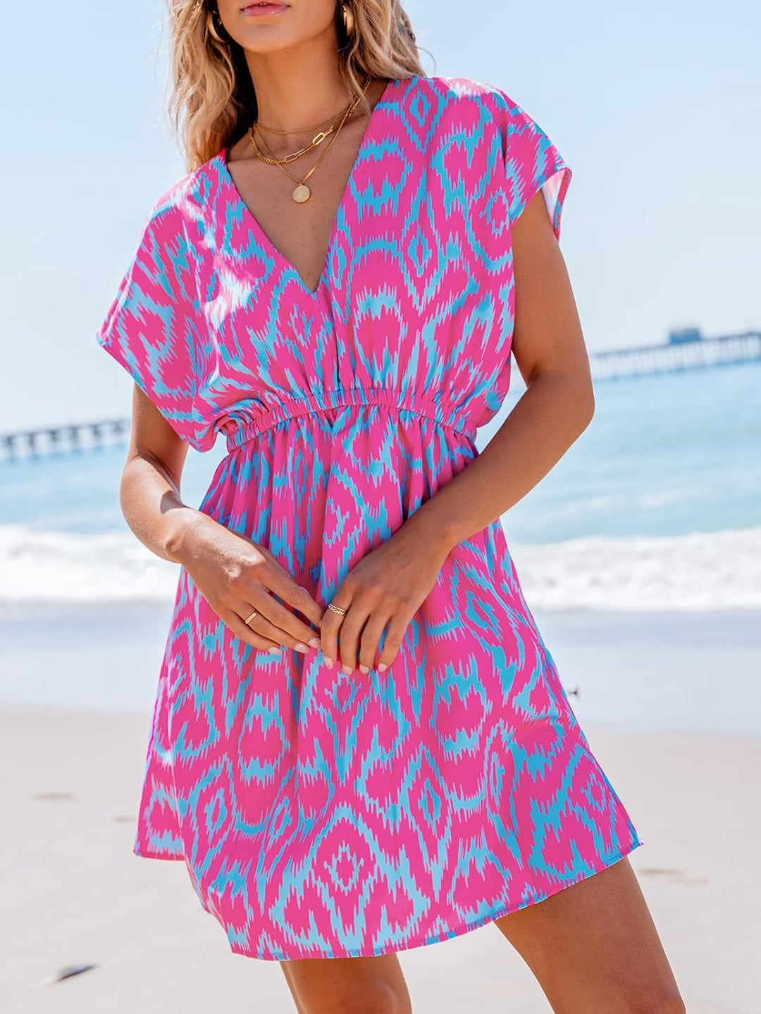 CUPSHE Damen Bikini Cover Up Strandkleid V Ausschnitt Kurzarm Blätter Print Seitenschlitz Sommer Bea