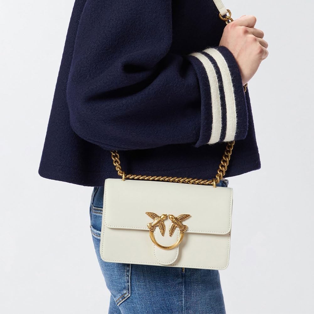 Pinko Damen Love One Mini Dc Kalbsleder Seide Tasche, Einheitsgrösse Z14q_weiss Seide Antique Gold,