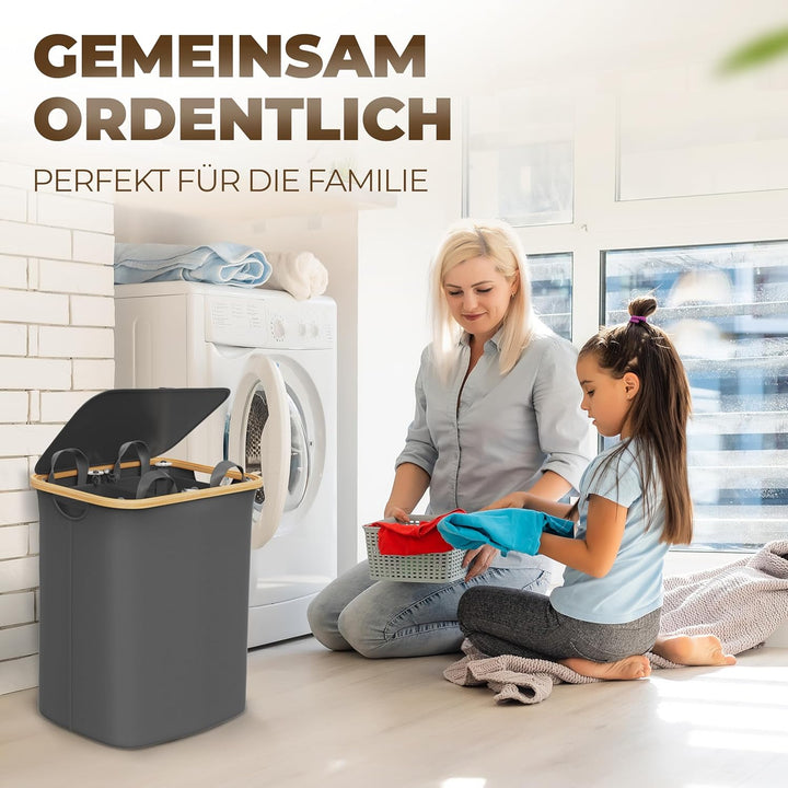 Wäschekorb mit 1 Deckel 2 Fächer 150 Liter Bambus-Stoff Grau Gross XXL - Wäschekorb Grau Dunkelgrau