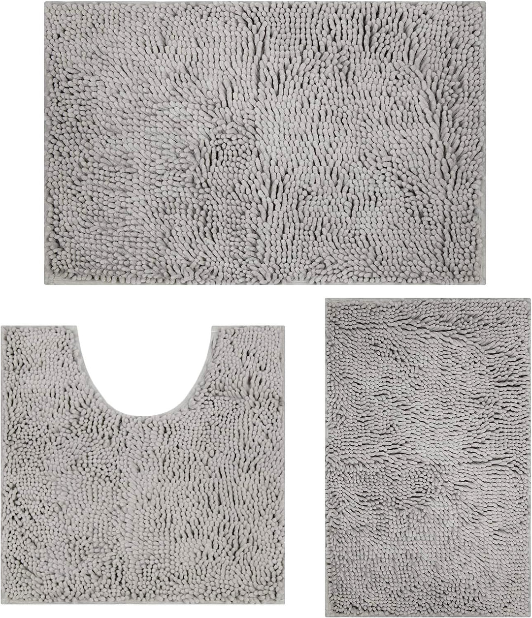 Badematte Set 3 teilig Light Grey, rutschfeste Chenille Badteppiche, Waschbar & Minimalistisch Badvo