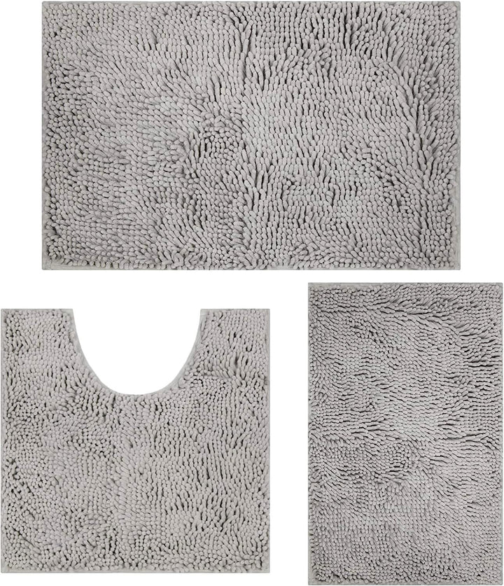 Badematte Set 3 teilig Light Grey, rutschfeste Chenille Badteppiche, Waschbar & Minimalistisch Badvo