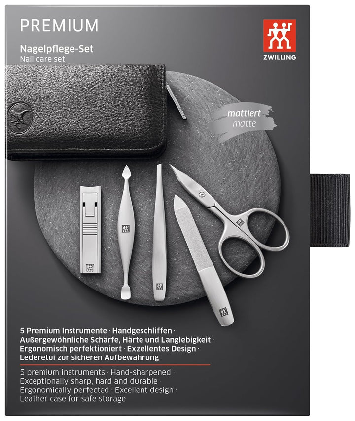ZWILLING Maniküreset (5 Teilig, Yak Leder-Etui, Reissverschluss, mit Kompakt-Nagelknipser), Premium,