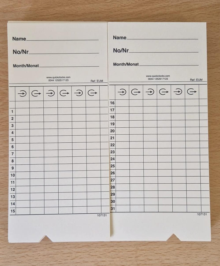 QuickClocks Stempelkarten - Karten für Stempeluhr QC200/QC400N/QC500E/BX1500E (x200)