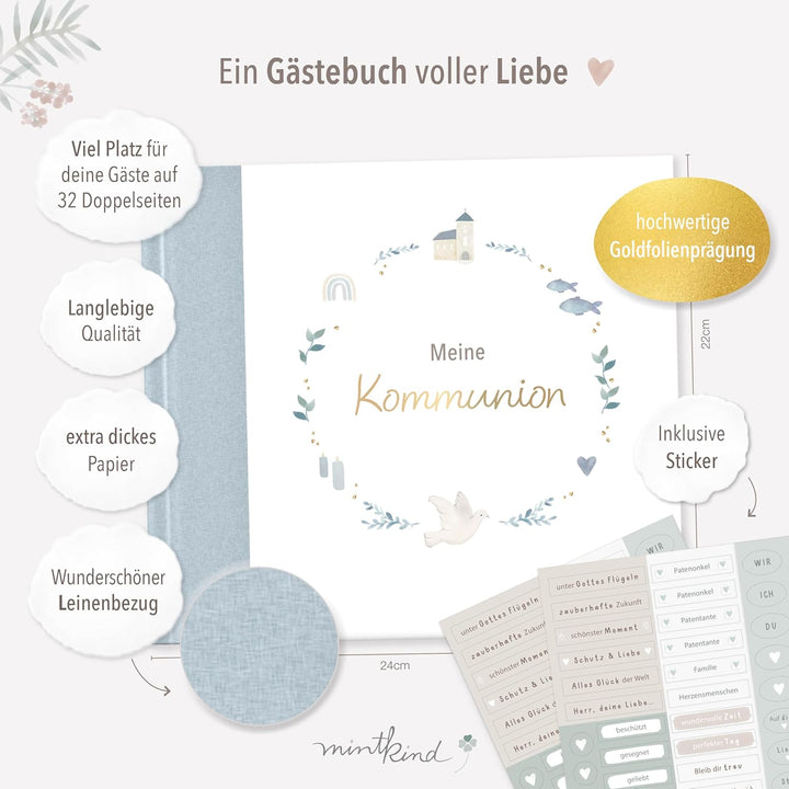 mintkind® Gästebuch Kommunion Blau - Erinnerungsbuch zur Kommunion, 72 Seiten zum Gestalten, edler L
