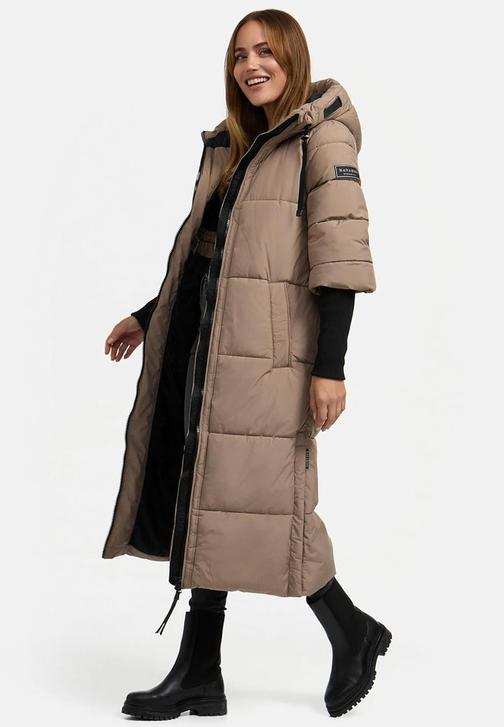 Navahoo Damen langer Wintermantel warmer Steppmantel mit Kapuze und Rippstrickärmeln Ciao Miau XIV X