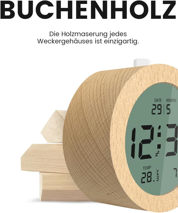 aboveClock Wecker Digital, Batteriebetriebene Uhr Tischuhr, LCD Alarm Clock Wecker Holz mit Temperat