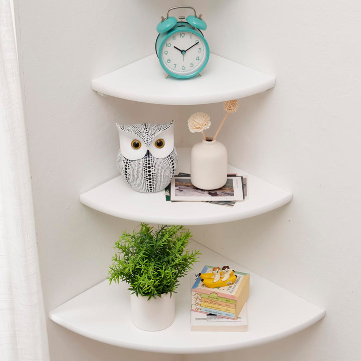 Eckregal Weiss, 3er-Set Eiche Massivholz Eckregal runde Enden Wandregal Holz Vintage Landhausstil Re