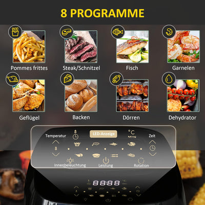 HOMCOM Heissluftfritteuse 11 L 1800W Backofen Dehydrator Barbecue mit 8 Menüs Zubehör für gesundes ö