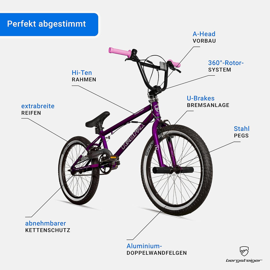 Bergsteiger Halifax 20 Zoll BMX, Fatbike, 360° Rotor-System, Freestyle, 2 Stahl Pegs, Kettenschutz,