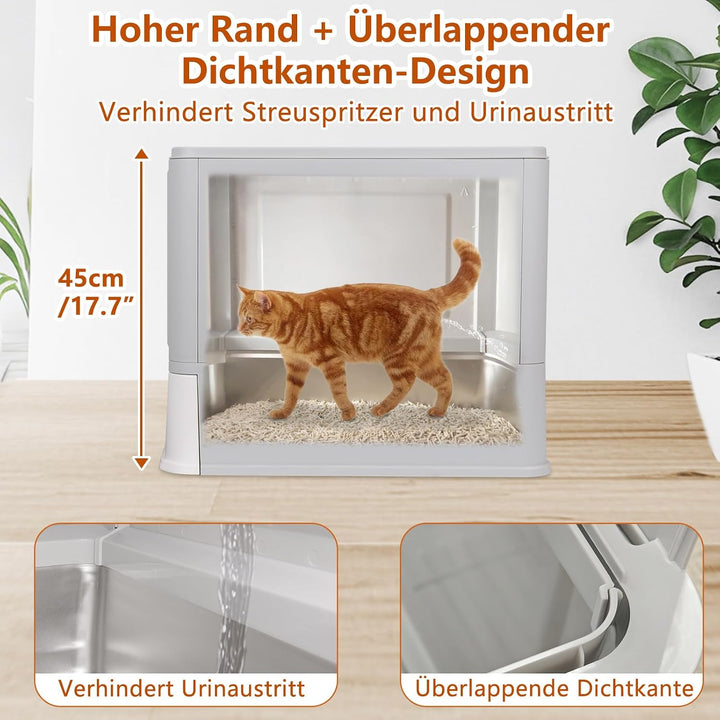Edelstahl Katzenklo,Faltbare Katzentoilette XXL mit Deckel und Schublade,Geschlossenes Edelstahl Kat