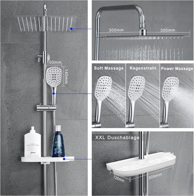 JOHO Edelstahl Duschsystem ohne Armatur Chrom Regendusche Duschset mit Duschgarnitur Ablage(Kopfbrau