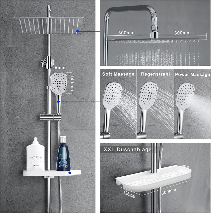JOHO Edelstahl Duschsystem ohne Armatur Chrom Regendusche Duschset mit Duschgarnitur Ablage(Kopfbrau