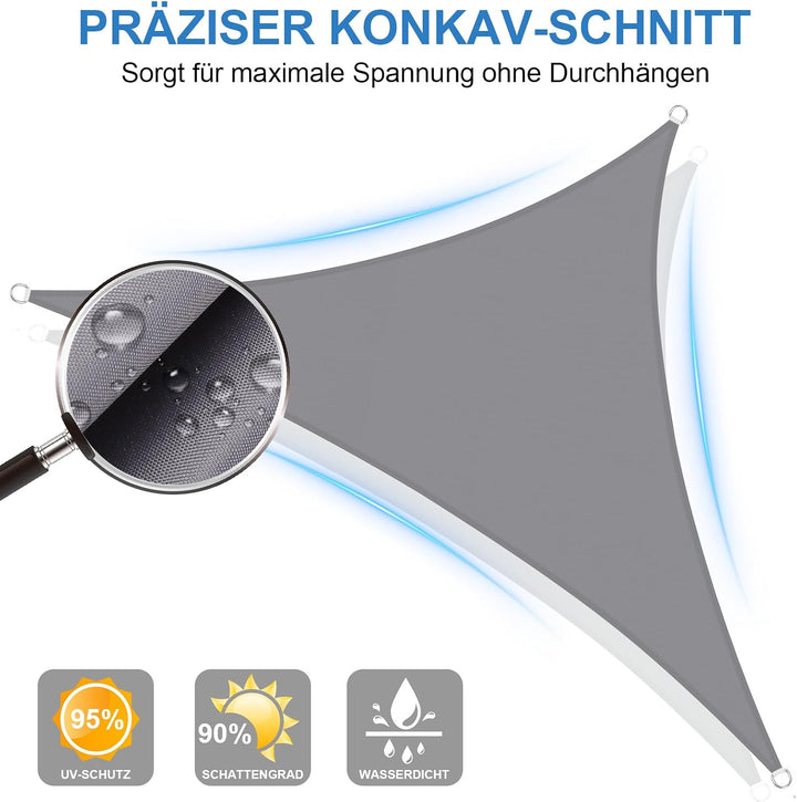 3x3x3m Sonnensegel Dreieck Wasserdicht Sonnenschutz, Hellgrau | 95% UV Schutz, Regenschutz, Sunsegel
