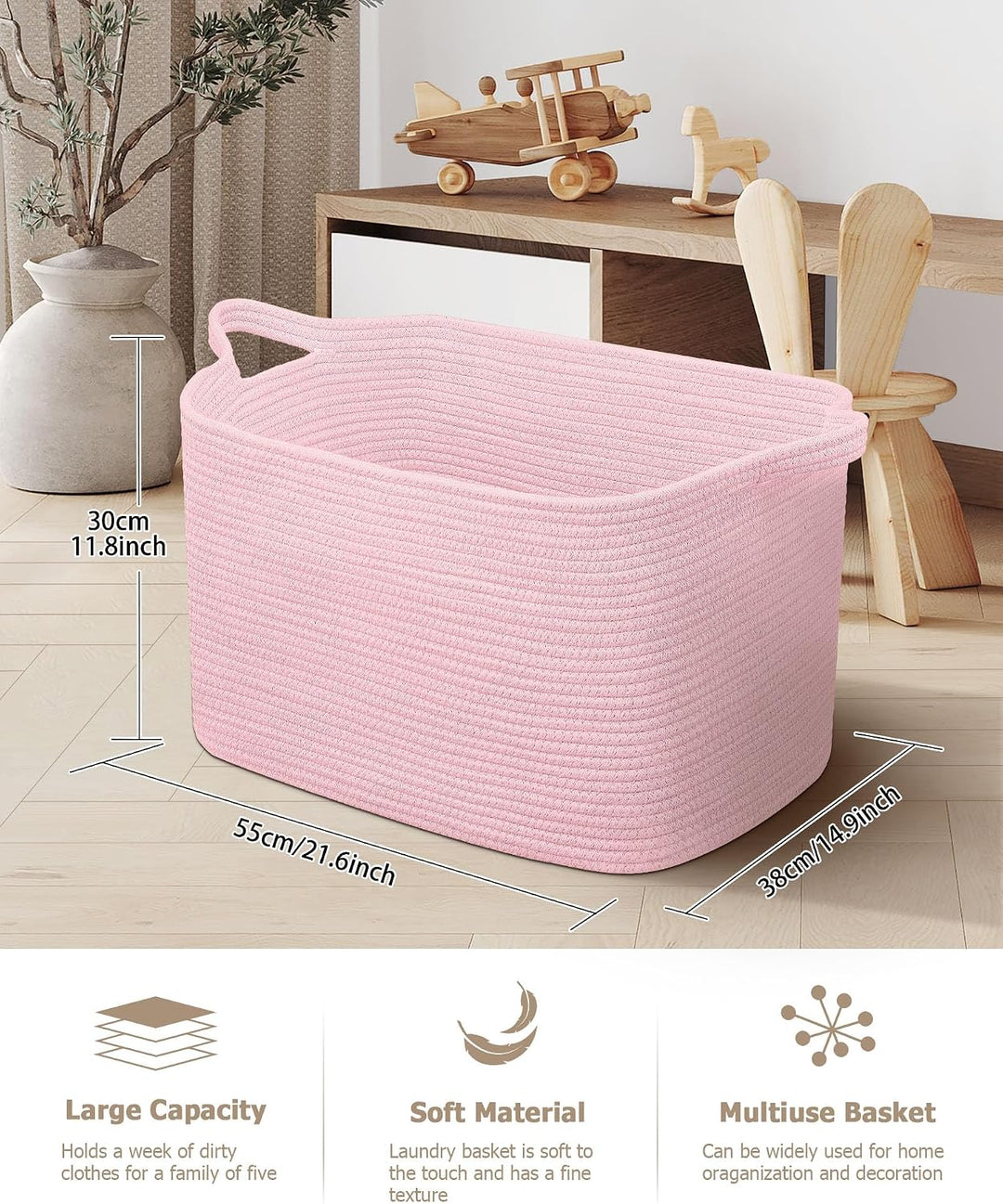 JOJOSEE Faltbarer Wäschekorb 63L Grosse Aufbewahrungskorb Hellrosa | Geflochten Laundry Baskets mit