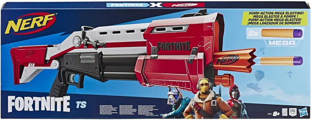NERF Hasbro E7065EU4 TS Pump-Action Blaster, 8 Mega Fortnite Darts, Dartaufbewahrungsfach - Für Juge