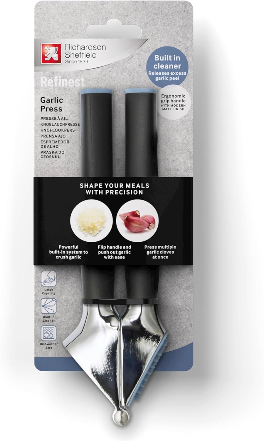 Richardson Knoblauchpresse mit integriertem Reiniger, grosses Gehäuse für mehr Kapazität, ergonomisc