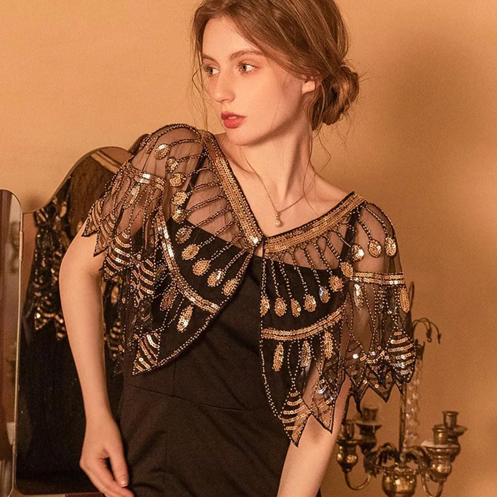 Damen Abend Glitzerschal 1920er Kleid Vintage Cape Elegante Stickerei Netz-Kurzarmpullover Modische