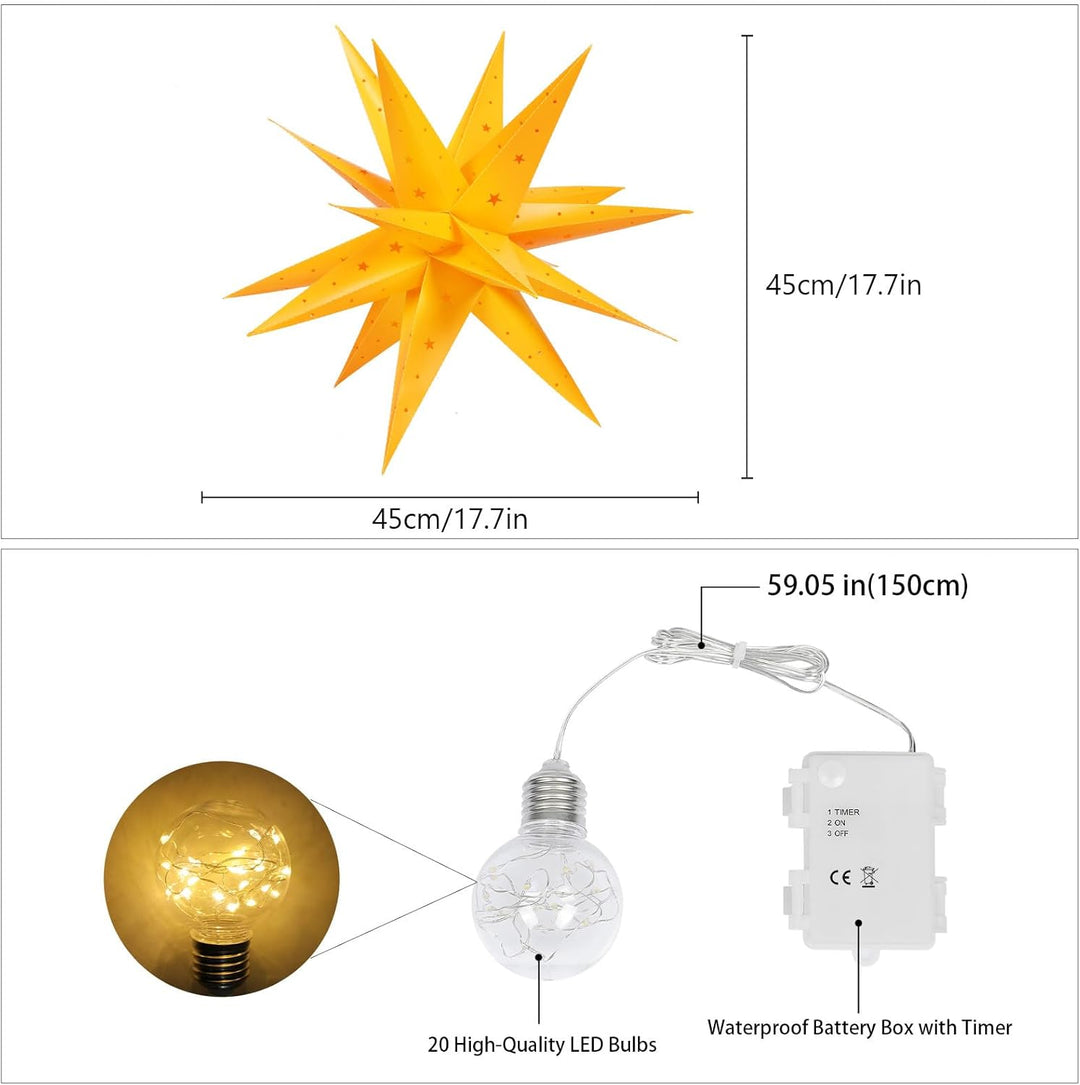 3D Weihnachtsstern Beleuchtet Fenster Batterie mit Timer - 45cm led Weihnachtsbaumspitze Stern, Leuc