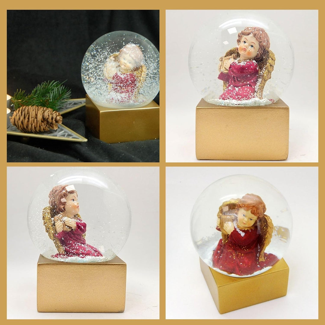 Weihnachts-Schneekugel Engel | Himmelsbote mit Harfe | Farbe rot Gold | 100mm breit, 120mm hoch | Be
