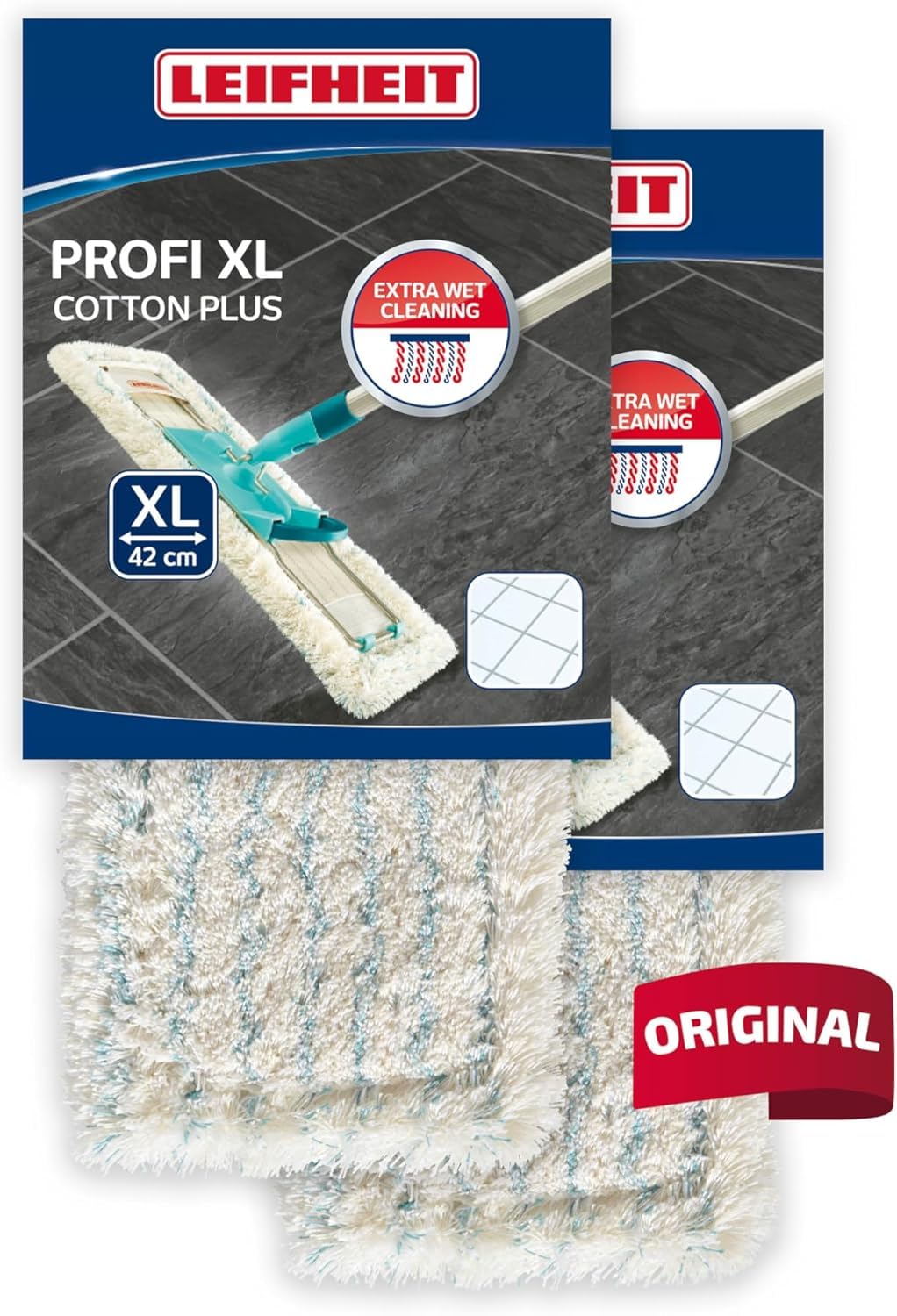 Leifheit 2er Set Wischbezug Profi XL Cotton Plus für Steinböden und Fliesen, Wischer Ersatzbezug aus