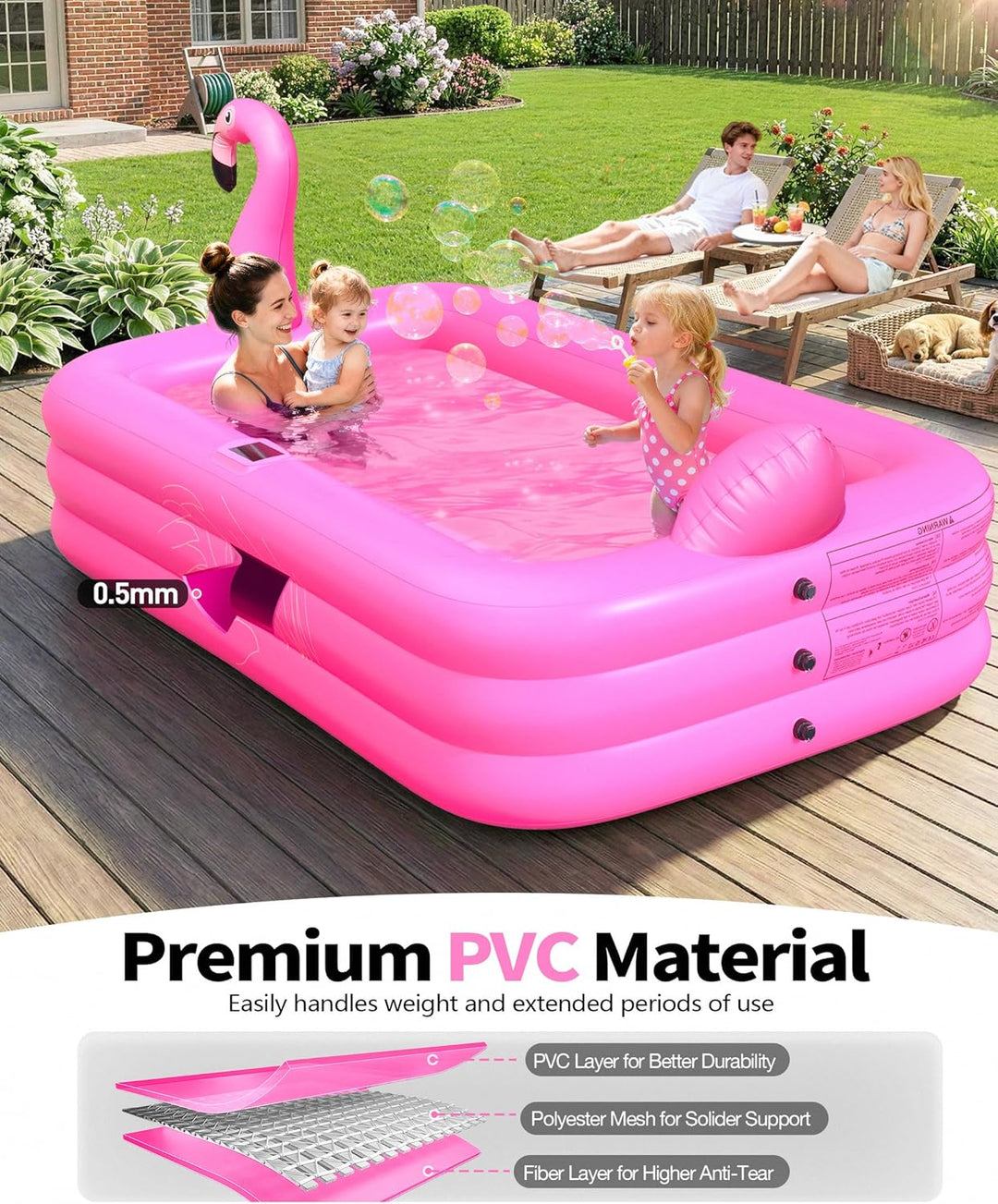 PoolLeader Aufblasbarer Pool Erwachsene, Grosses Gartenpool Rechteckig mit Solar Licht, Haltbar Flam