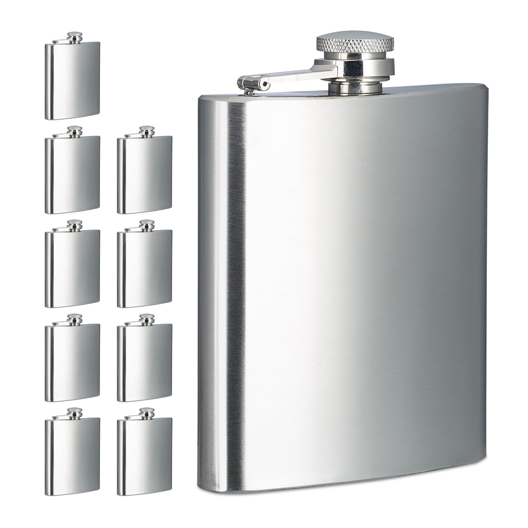 Relaxdays Flachmann 10er Set, 200 ml, Edelstahl Schnapsbehälter für unterwegs, Taschenflasche Schrau