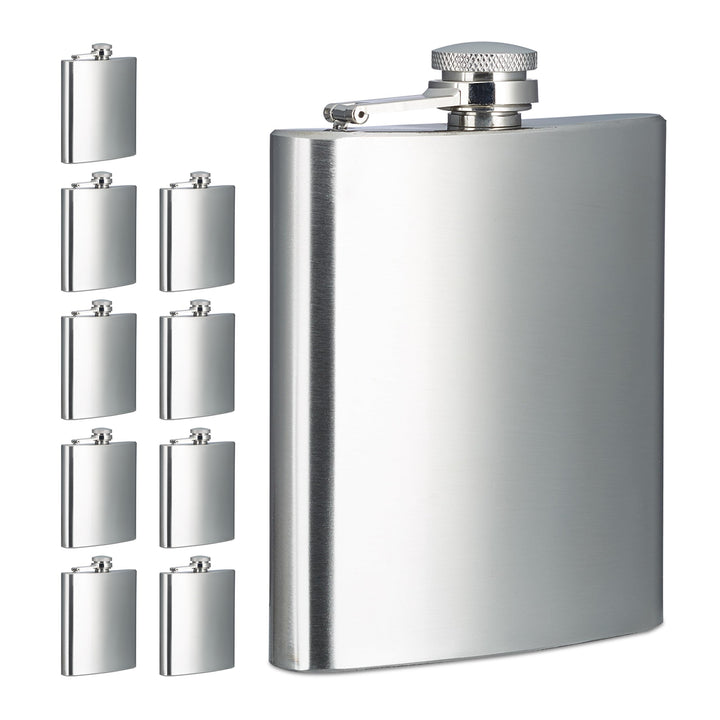 Relaxdays Flachmann 10er Set, 200 ml, Edelstahl Schnapsbehälter für unterwegs, Taschenflasche Schrau