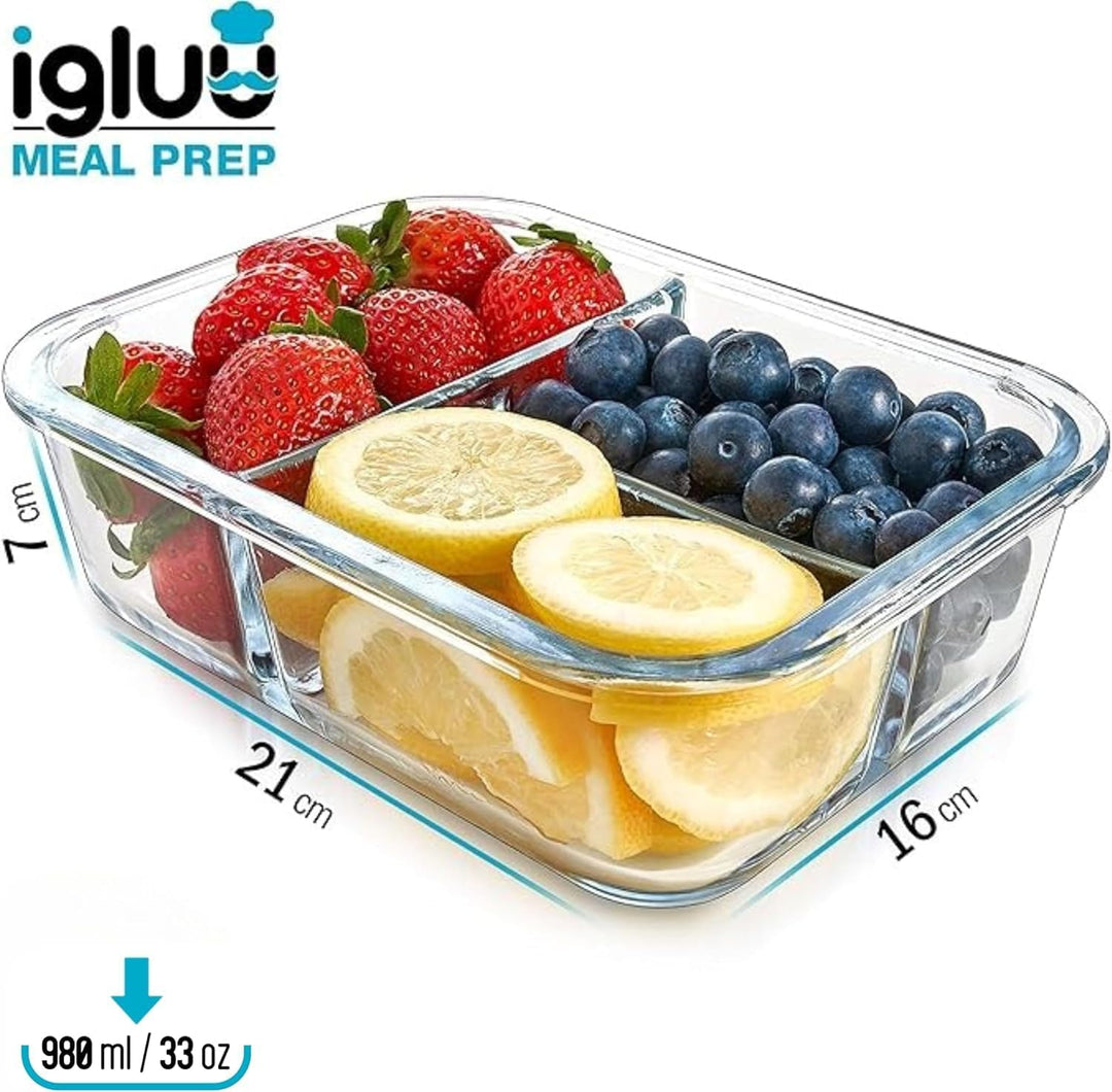 Meal Prep Container aus Glas mit 3 Fächern und Transparentem Deckel - Luftdicht Verschliessbare Fris