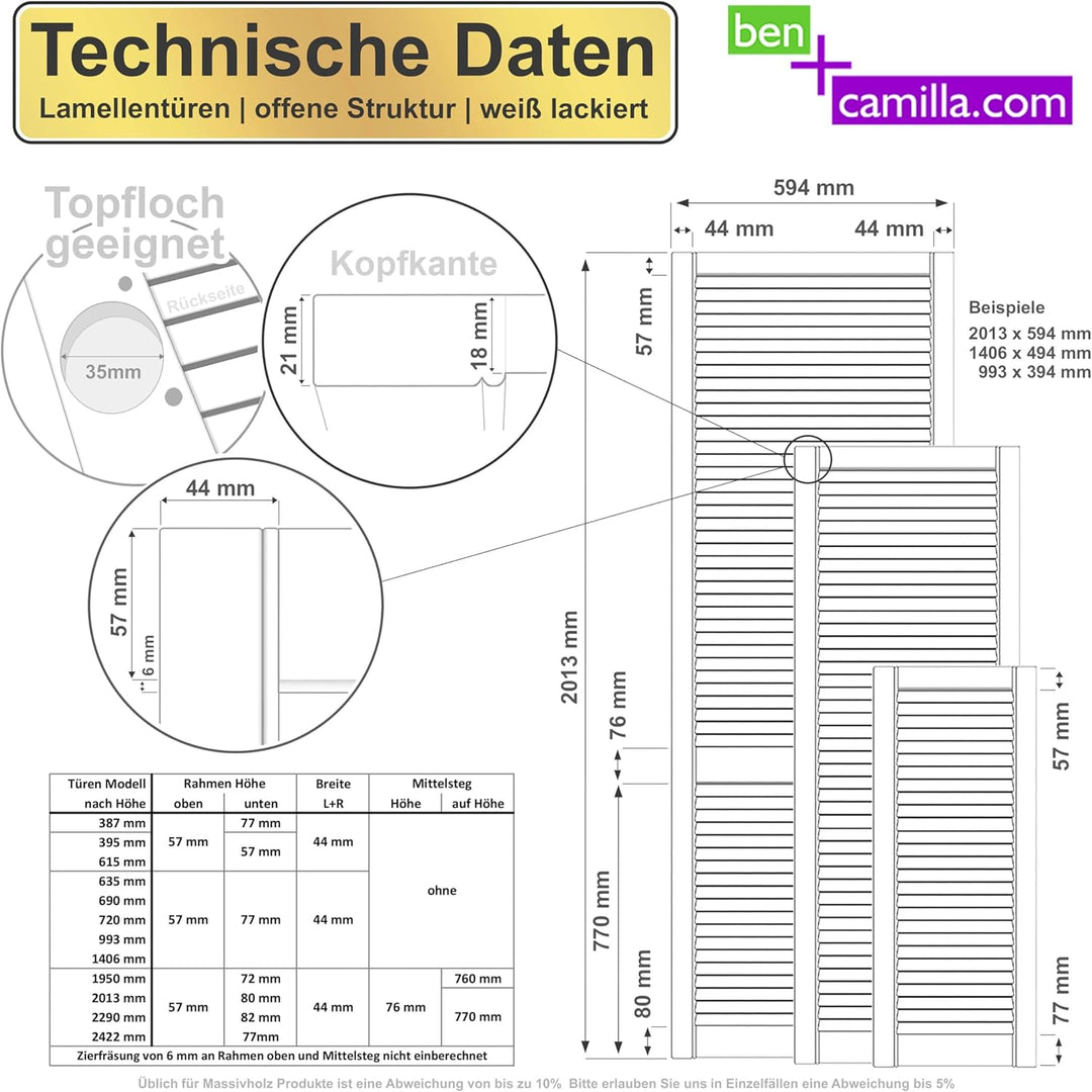 ben+camilla.com Lamellentür Holz weiss offen Kiefer EINBAUFERTIG LACKIERT 993 x 494 x 21 mm 993 x 49