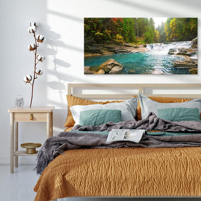 PICANOVA – Leinwandbild Waldfluss Wasserfall 100x50cm – Premium Leinwanddruck – Wandbild Kunstdruck