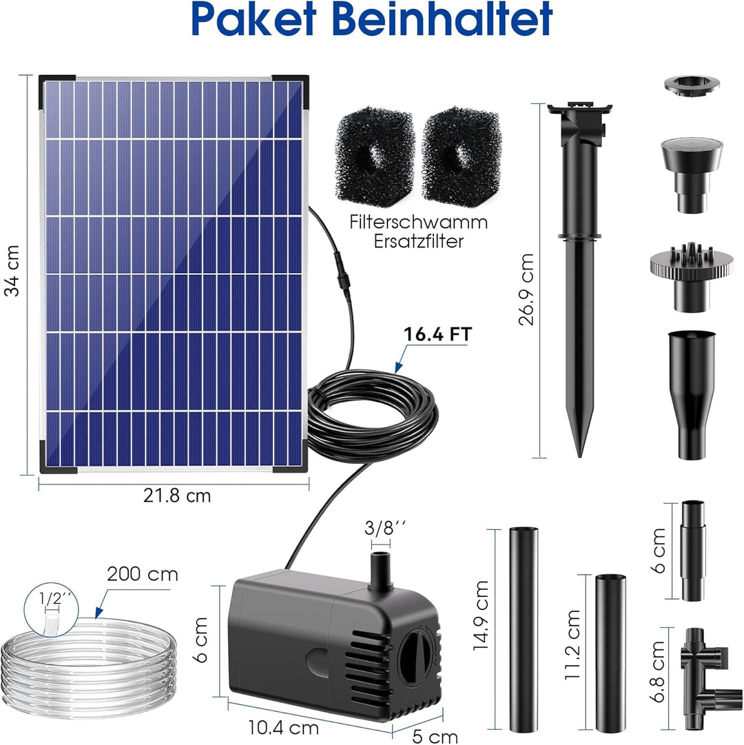 Biling Solar Springbrunnen für Aussen, 12W Solar Teichpumpe 605L/H Leise mit 4 Düsen und Schlauch, S