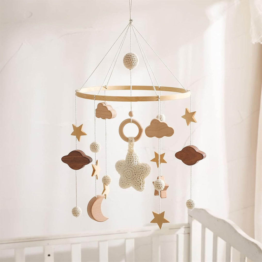 Babybett Mobile Baby Windspiel, Mobile Baby Holz mit Filzbällen und Wolken Ornament Kinderzimmer Hän