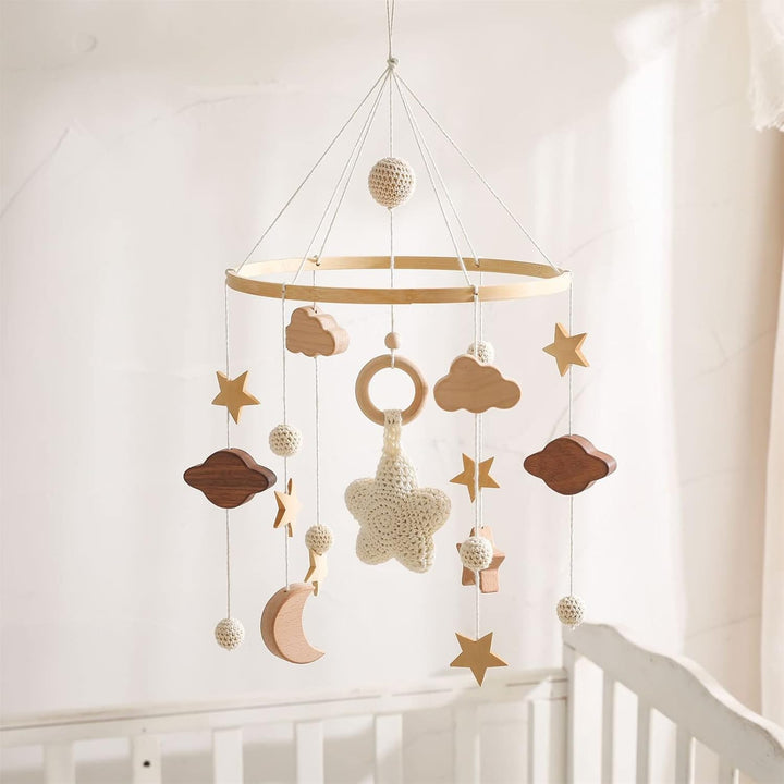 GLITZFAS Babybett Mobile Baby Windspiel, Mobile Baby Holz mit Filzbällen und Wolken Ornament Kinderz