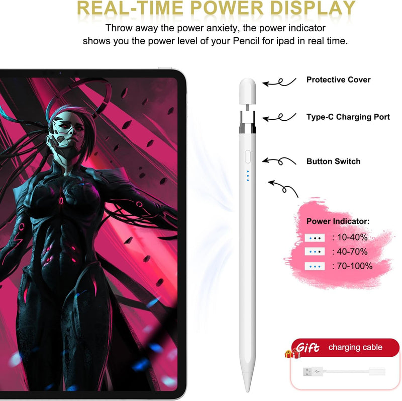 Pencil 1. Generation für iPad, Stift für iPad mit USB-C Schnellladung & Handfläche Ablehnung & Neigu