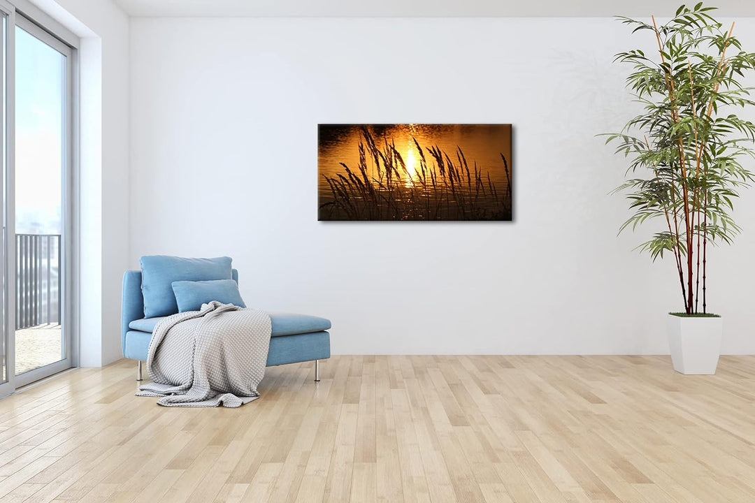 Gräser am Ufer eines Sees Panorama 100x50 cm als Leinwandbild, Motiv fertig gerahmt auf Echtholzrahm