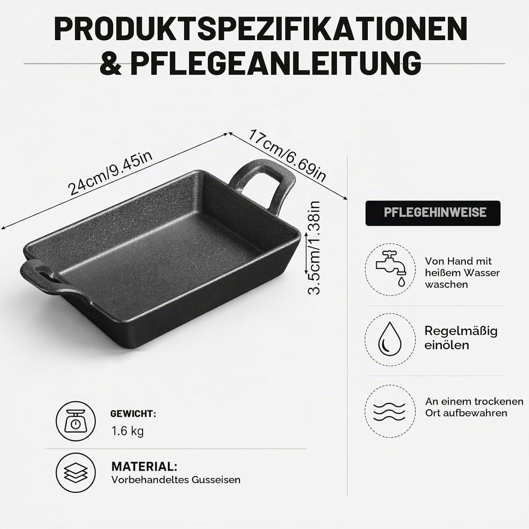 RANJIMA Grillpfanne Gusseisen, 24x17 cm Grillplatte mit Zwei Griffen, Cast Iron Pan Gusspfanne Steak