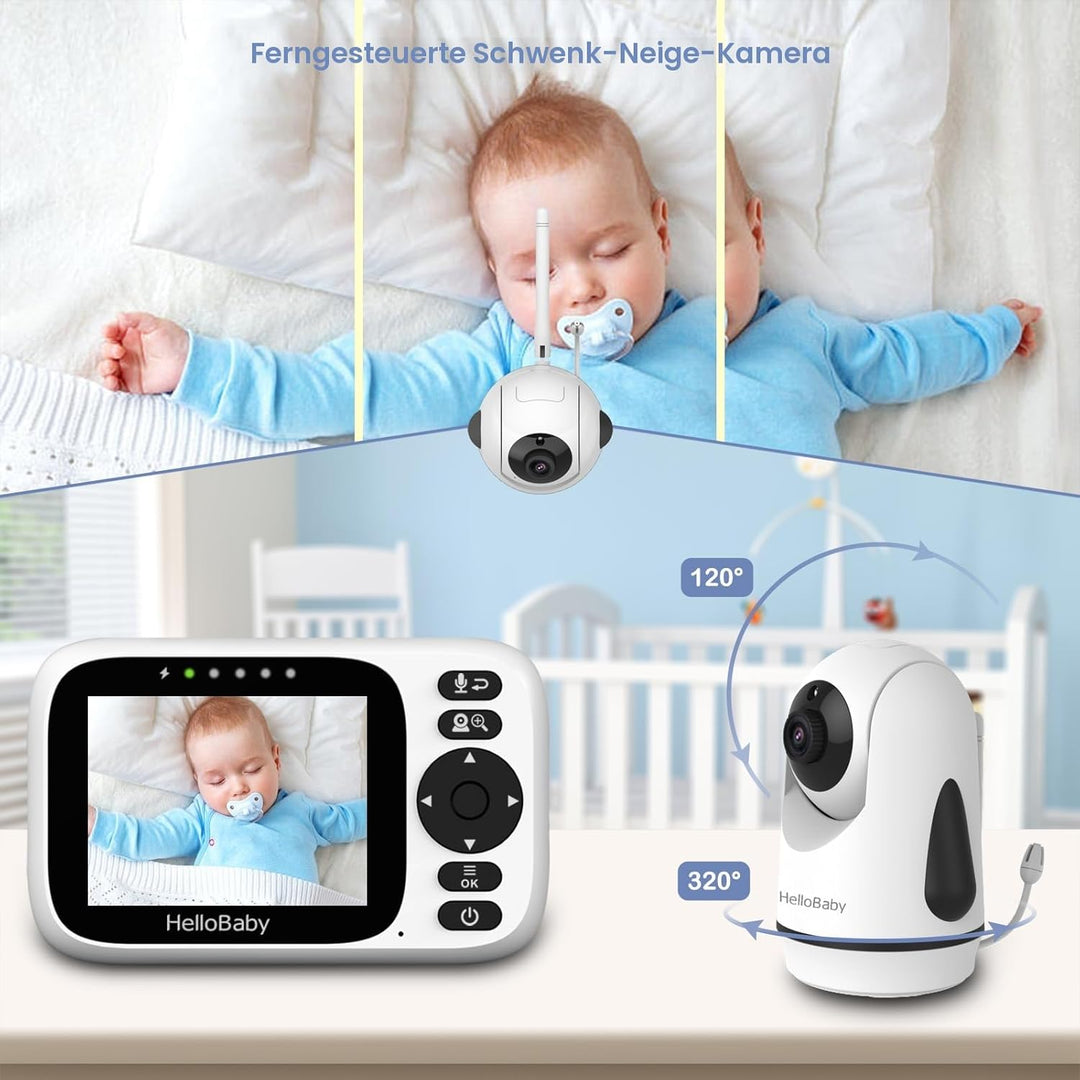 HelloBaby Babyphone mit Kamera, ferngesteuertes Schwenk-Neige-Zoom Video Babyphone und 3,2'' IPS Bil