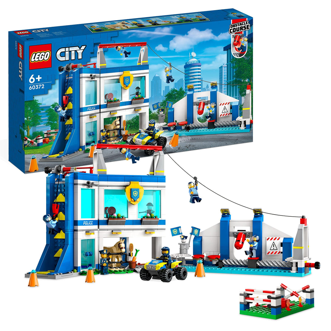 LEGO 60372 City Polizeischule Spielset mit Hindernisstrecke, Pferd-Figur, Spielzeug-Auto und 6 Minif
