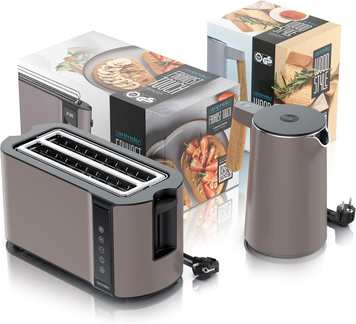 Arendo - Küchen Set - Edelstahl Wasserkocher mit Temperatureinstellung - Edelstahl Toaster Langschli